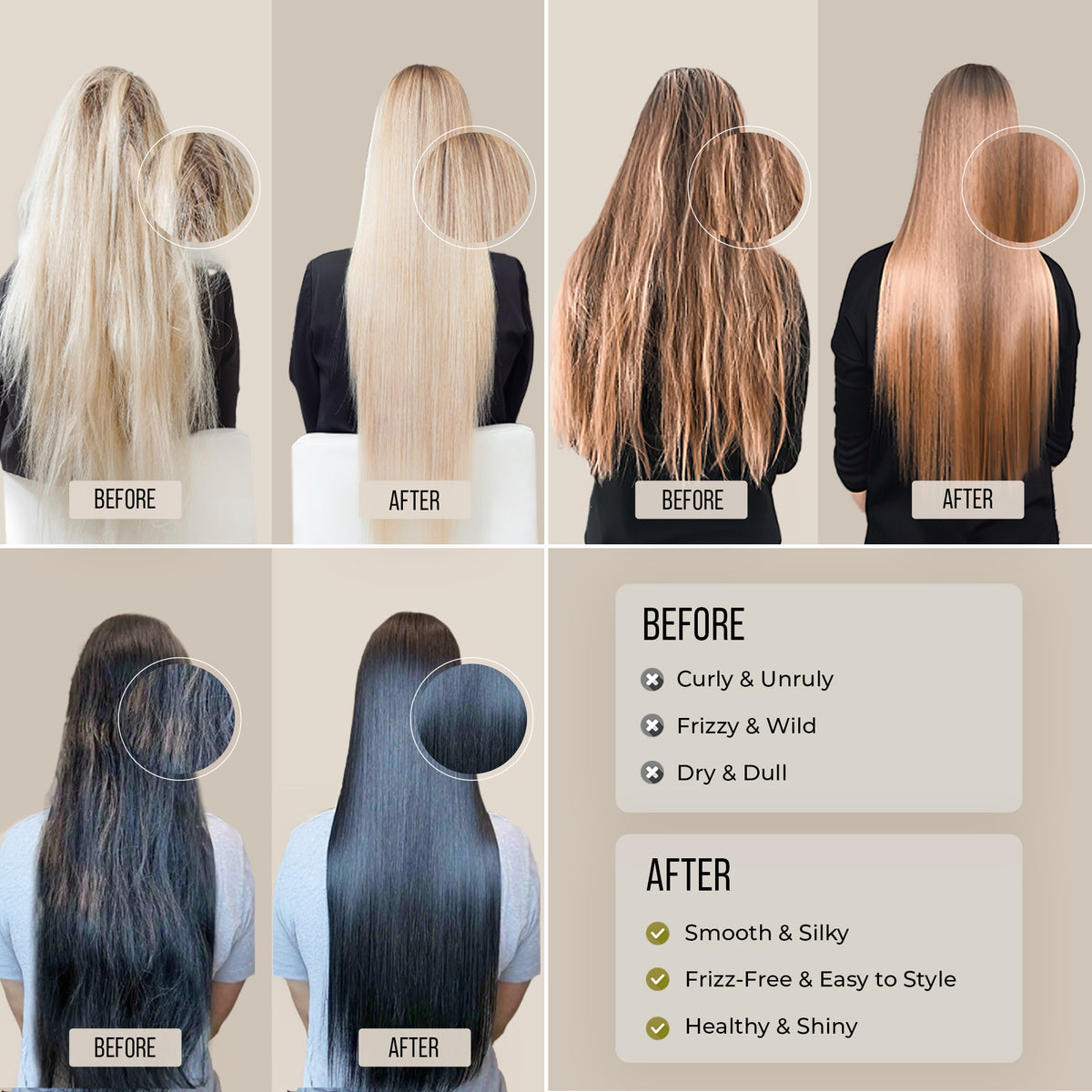 Before-and-after comparison on three hair types: frizzy, unruly and dull hair before – smooth, frizz-free and shiny hair after the keratin treatment