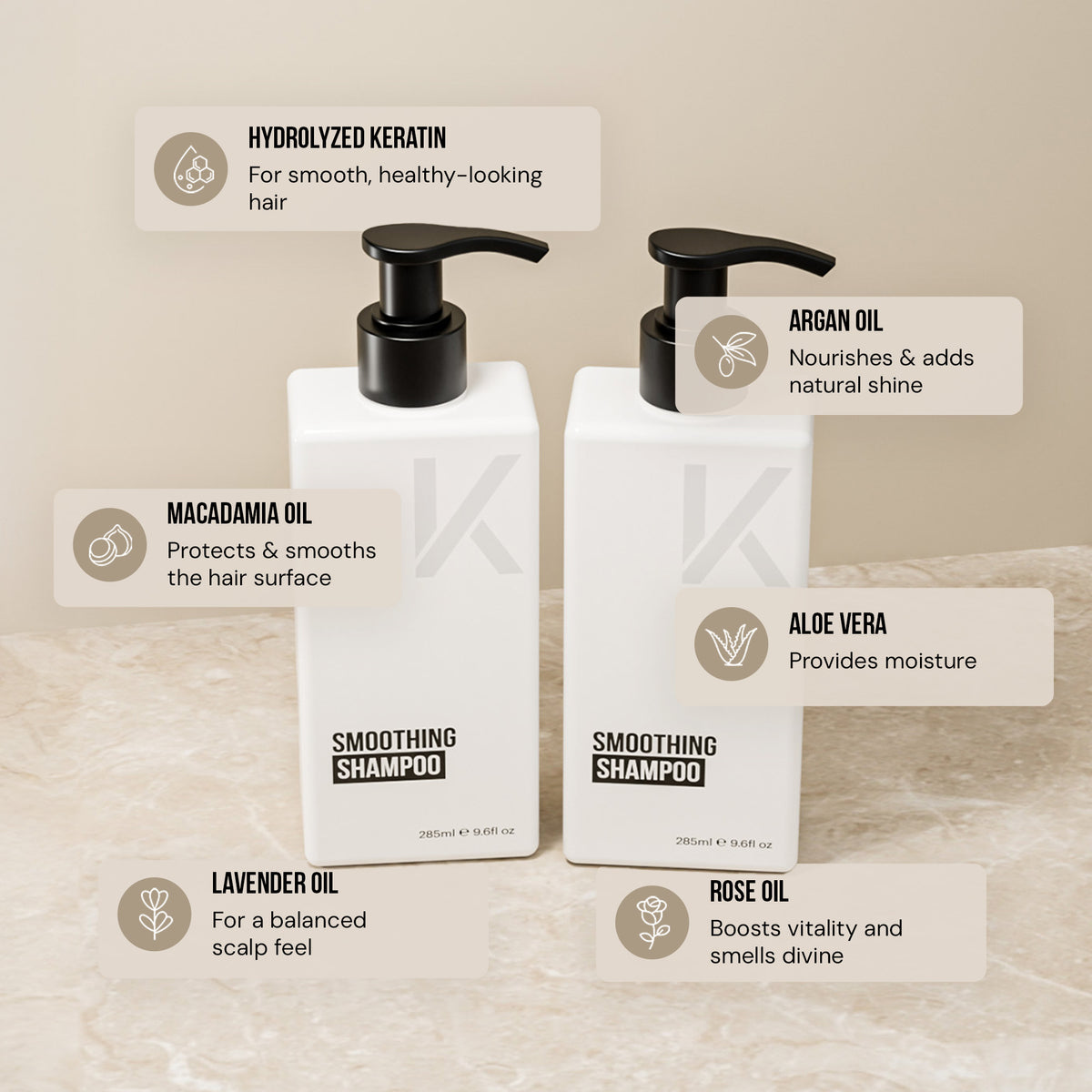 Two pump bottles of KERAZUL® Smoothing Shampoo with their active ingredients: hydrolysed keratin, argan oil, macadamia oil, aloe vera, lavender oil and rose oil