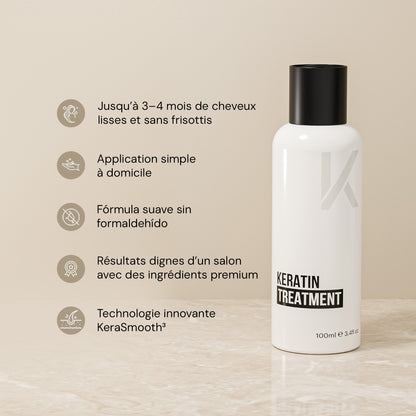 KERAZUL® Keratin Treatment 100 ml et ses cinq avantages : jusqu'à 3–4 mois de cheveux lisses sans frisottis, application facile à la maison, formule sans formaldéhyde, qualité salon et technologie KeraSmooth³