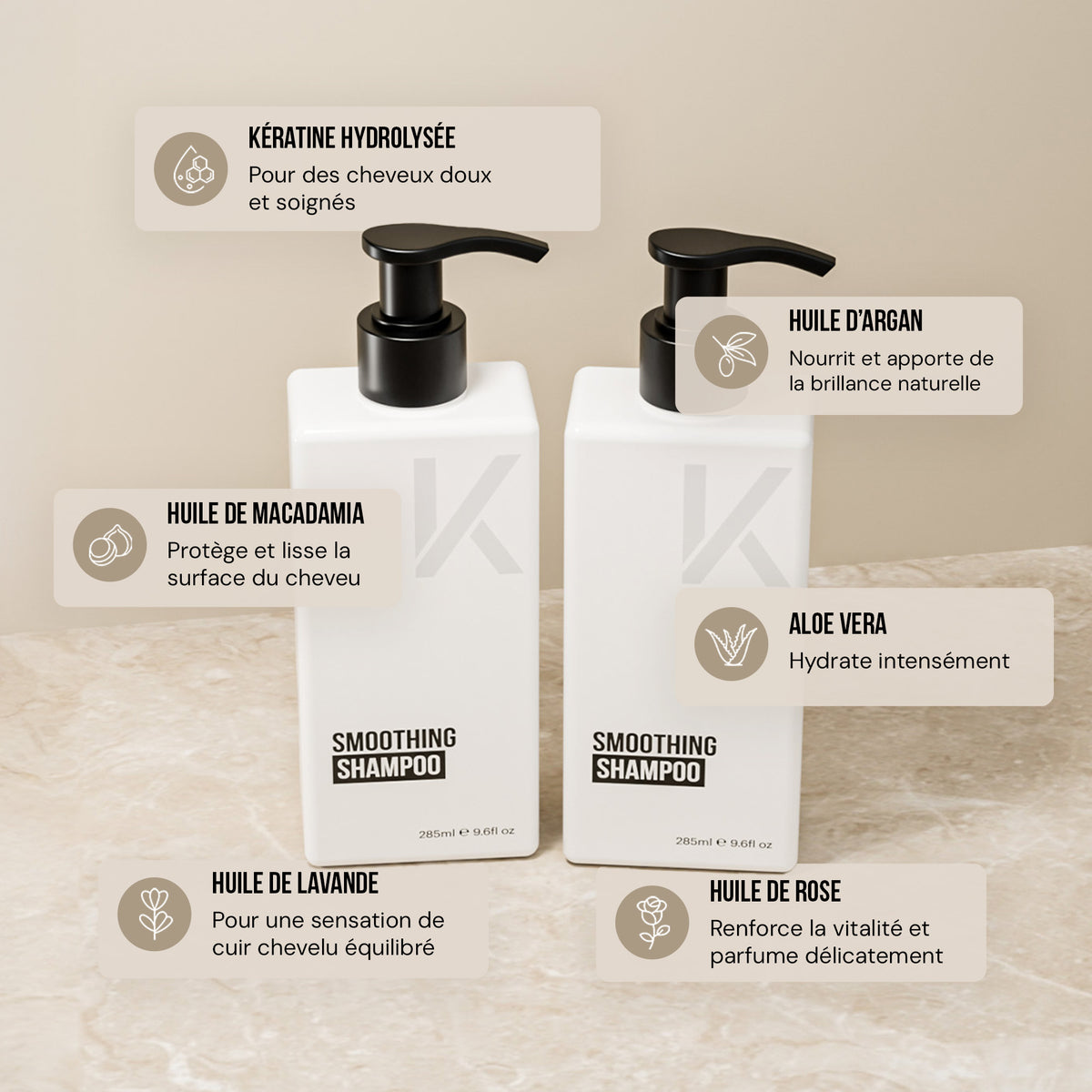 Deux flacons pompe de shampooing Smoothing KERAZUL® et leurs actifs : kératine hydrolysée, huile d'argan, huile de macadamia, aloe vera, huile de lavande et huile de rose